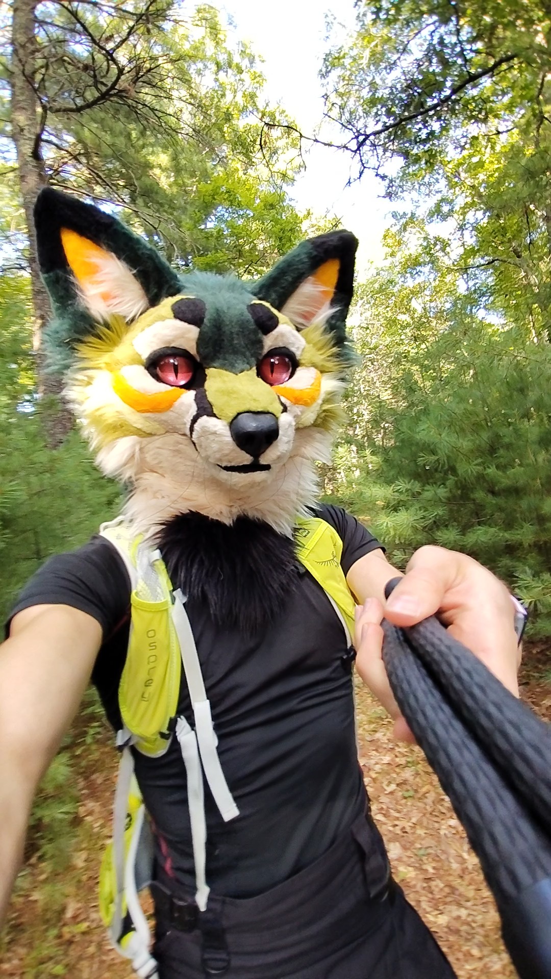 Me wearing the head partial of my green fox fursona Yishi while on a hike